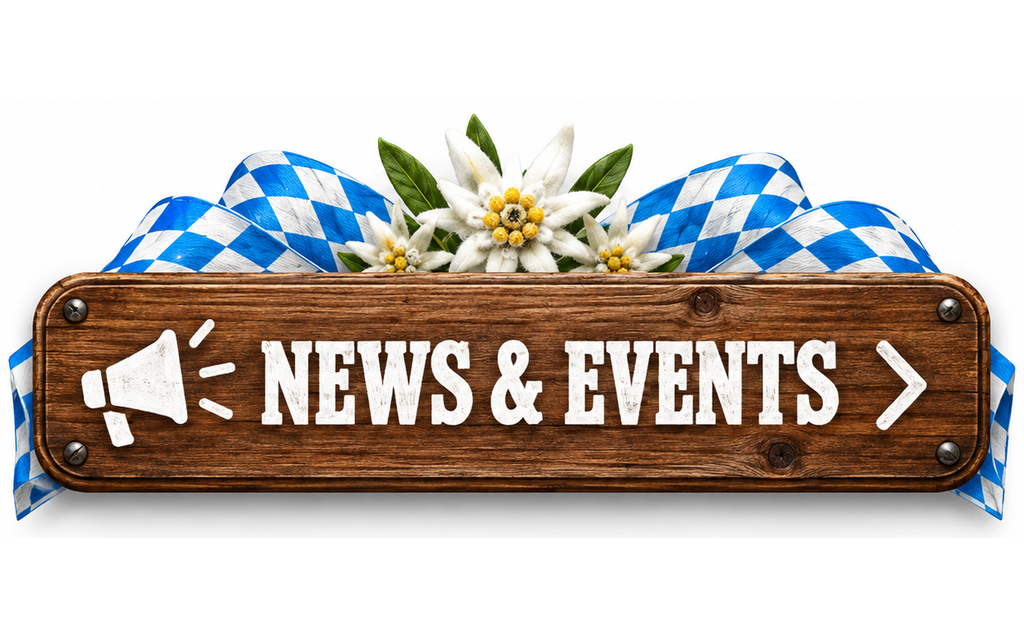 Holzschild mit der Aufschrift „News & Events“, umrahmt von blau-weißem Rautenband und Edelweiß — Bild: KI-generiert